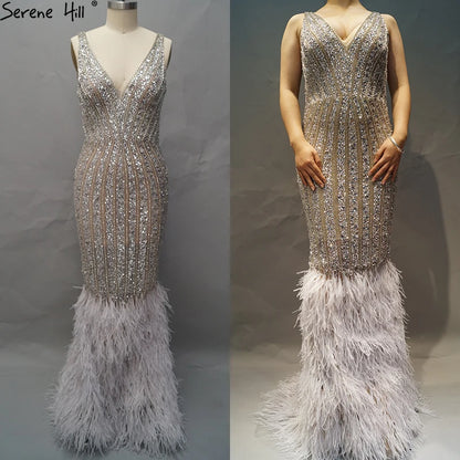 Luxury Silver Feather Mermaid V-Neck Evening Dress LA60749 - SERENE HILL