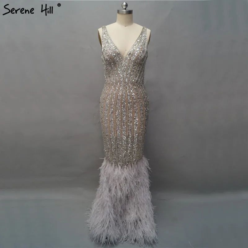 Luxury Silver Feather Mermaid V-Neck Evening Dress LA60749 - SERENE HILL