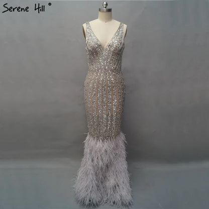 Luxury Silver Feather Mermaid V-Neck Evening Dress LA60749 - SERENE HILL