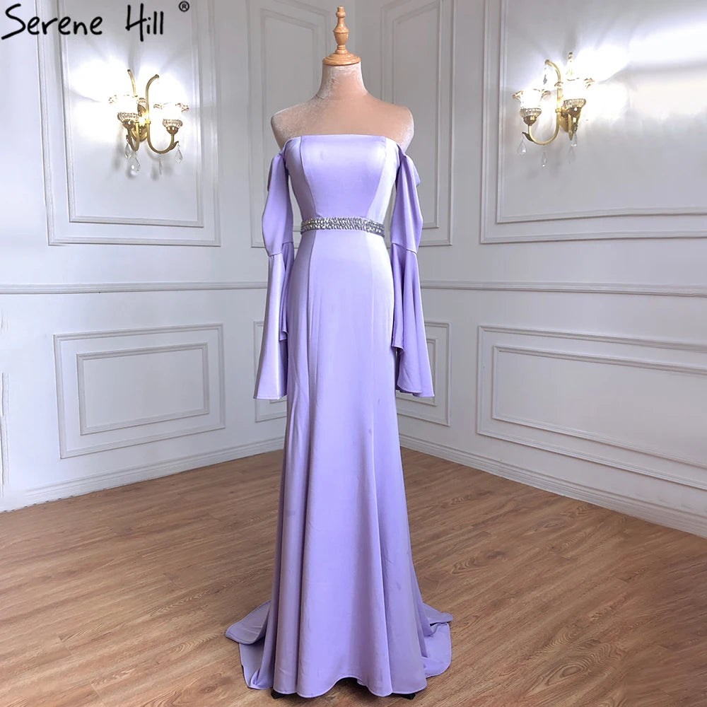 Sale Pink Off Shoulder Mermaid Sexy Evening Dressese Long Trumpet Sleeves Simple Evening Gowns 2025 Serene Hill LA70191 - SERENE HILL
