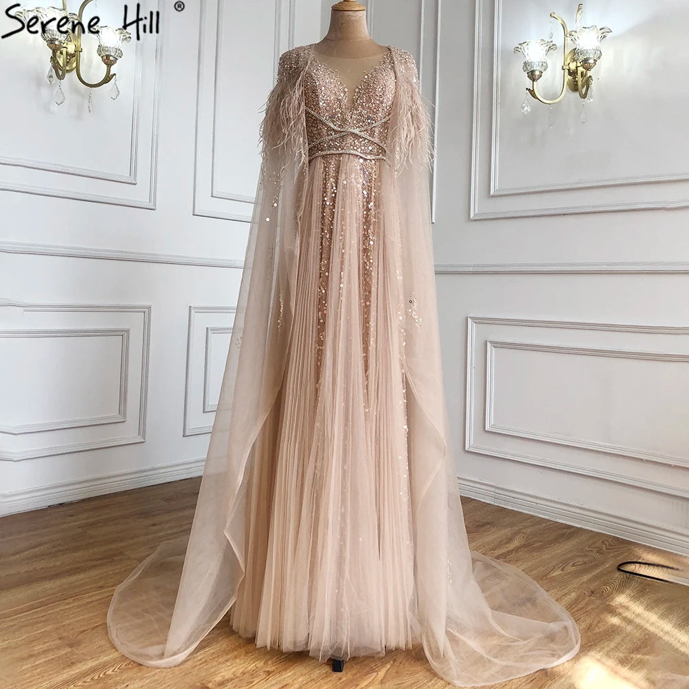 Serene Hill Luxury Dubai Grey Evening Formal Dresses with Feather Cape Shawl Gold Arabic Women Wedding Party Gowns Long LA70640 - SERENE HILL