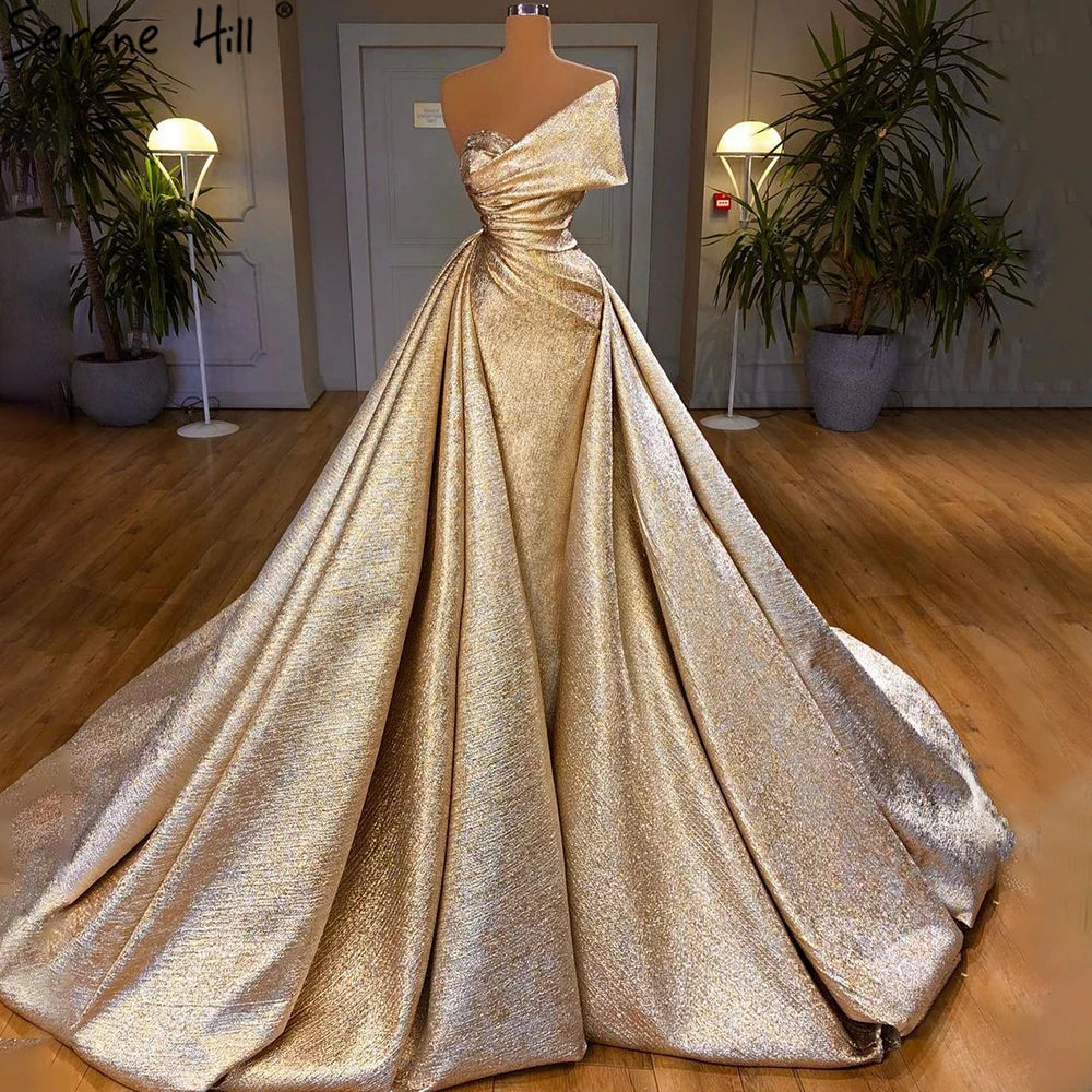 Luxury Dubai Customize Champagne Mermaid Evening Dress with Off Shoulder and Tie Design for Formal Occasion LA70626A - SERENE HILL