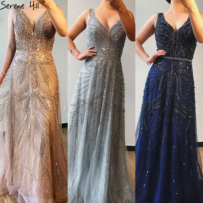On Sale  no return no refund Rose Gold A-Line V-Neck Luxury Sexy Evening Dresses 2025 Pearls Crystal Long Sleeves Fromal Gown Serene Hill LA70287