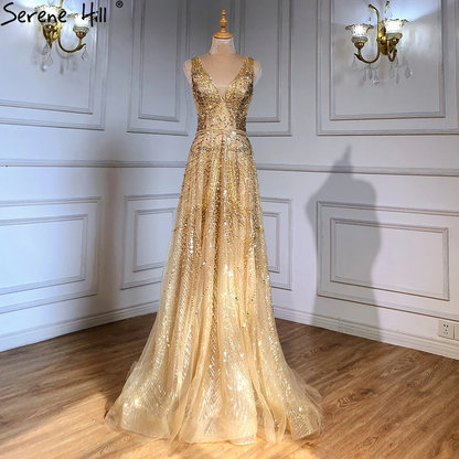 On Sale  no return no refund Rose Gold A-Line V-Neck Luxury Sexy Evening Dresses 2025 Pearls Crystal Long Sleeves Fromal Gown Serene Hill LA70287