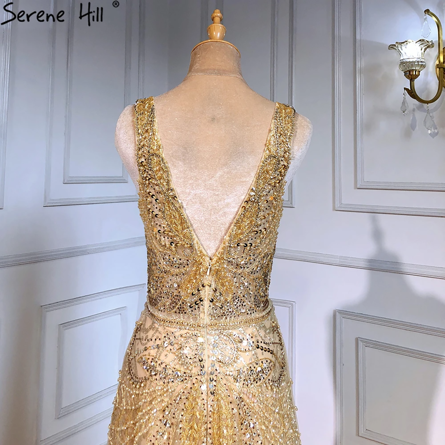 On Sale  no return no refund Rose Gold A-Line V-Neck Luxury Sexy Evening Dresses 2025 Pearls Crystal Long Sleeves Fromal Gown Serene Hill LA70287