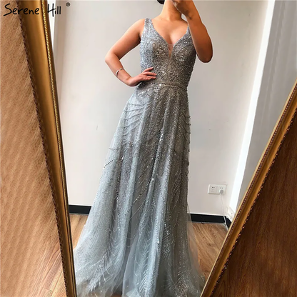 On Sale  no return no refund Rose Gold A-Line V-Neck Luxury Sexy Evening Dresses 2025 Pearls Crystal Long Sleeves Fromal Gown Serene Hill LA70287