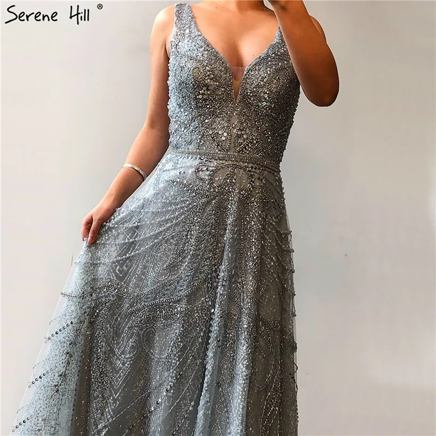 On Sale  no return no refund Rose Gold A-Line V-Neck Luxury Sexy Evening Dresses 2025 Pearls Crystal Long Sleeves Fromal Gown Serene Hill LA70287