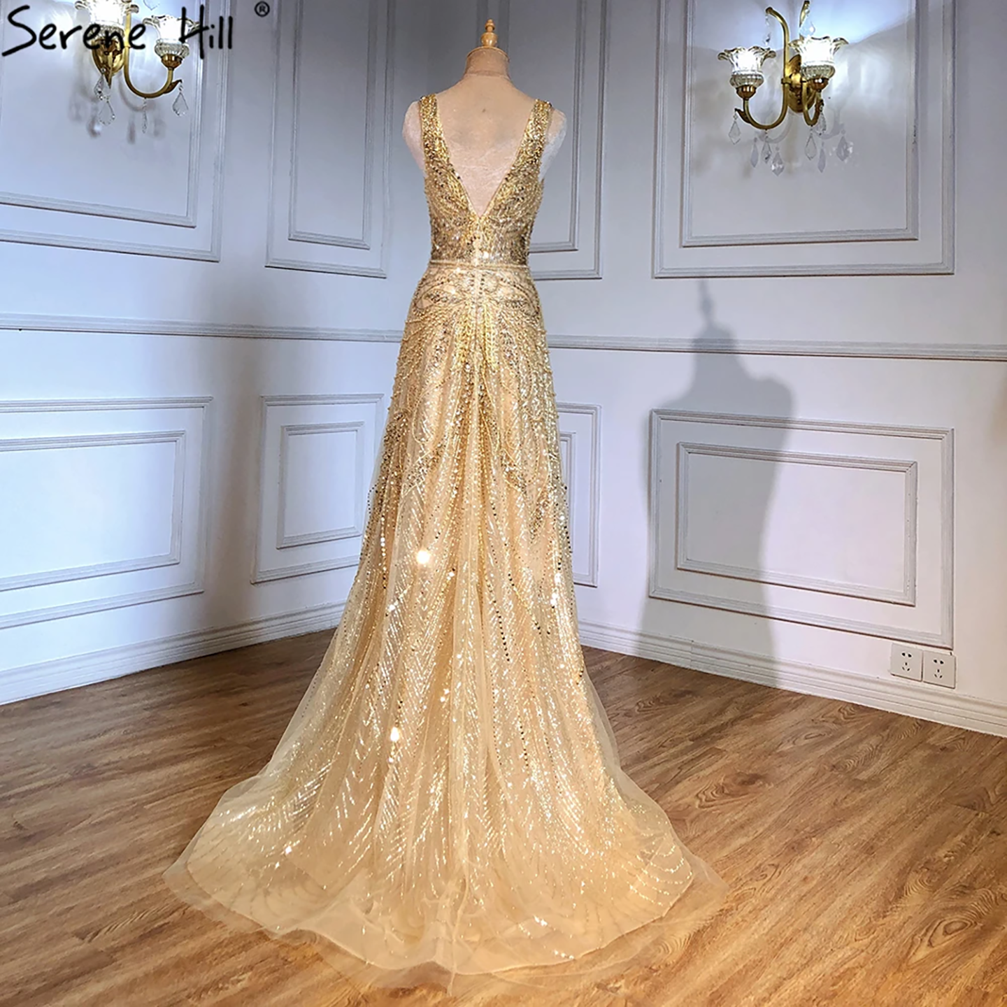 On Sale  no return no refund Rose Gold A-Line V-Neck Luxury Sexy Evening Dresses 2025 Pearls Crystal Long Sleeves Fromal Gown Serene Hill LA70287