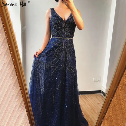 On Sale  no return no refund Rose Gold A-Line V-Neck Luxury Sexy Evening Dresses 2025 Pearls Crystal Long Sleeves Fromal Gown Serene Hill LA70287