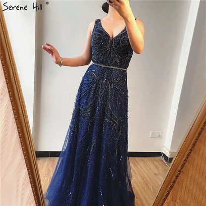 On Sale  no return no refund Rose Gold A-Line V-Neck Luxury Sexy Evening Dresses 2025 Pearls Crystal Long Sleeves Fromal Gown Serene Hill LA70287