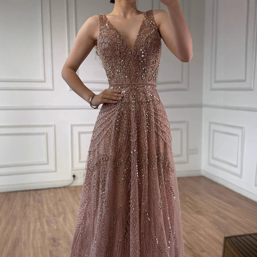 On Sale  no return no refund Rose Gold A-Line V-Neck Luxury Sexy Evening Dresses 2025 Pearls Crystal Long Sleeves Fromal Gown Serene Hill LA70287