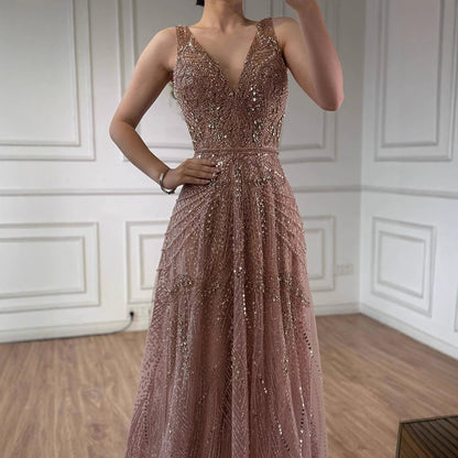 On Sale  no return no refund Rose Gold A-Line V-Neck Luxury Sexy Evening Dresses 2025 Pearls Crystal Long Sleeves Fromal Gown Serene Hill LA70287