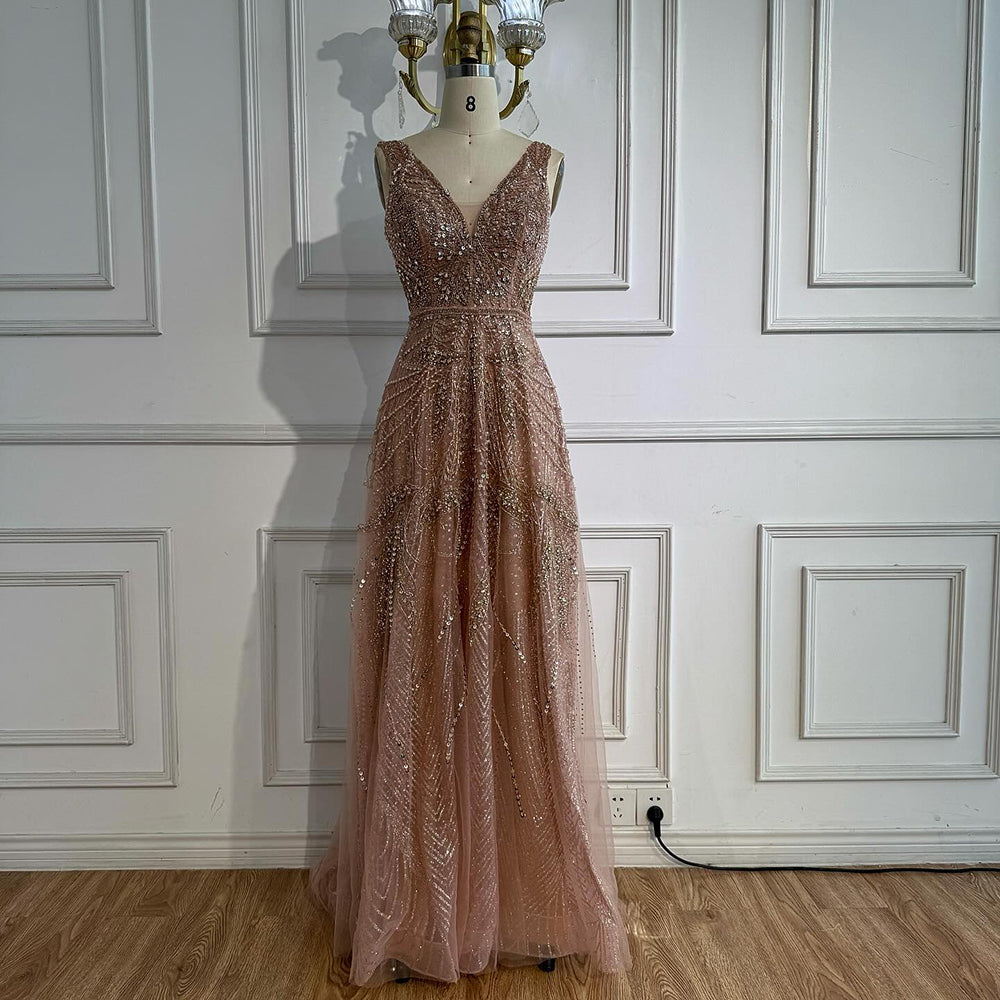 On Sale  no return no refund Rose Gold A-Line V-Neck Luxury Sexy Evening Dresses 2025 Pearls Crystal Long Sleeves Fromal Gown Serene Hill LA70287