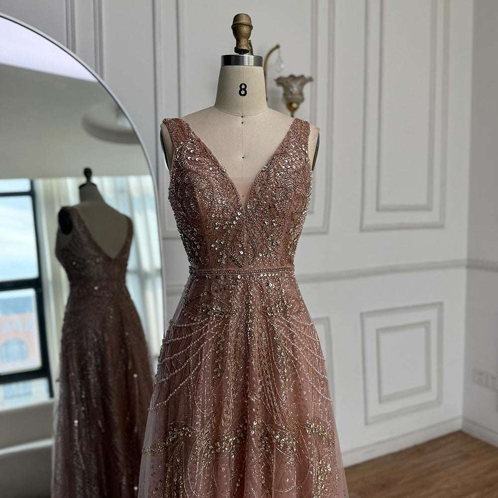 On Sale  no return no refund Rose Gold A-Line V-Neck Luxury Sexy Evening Dresses 2025 Pearls Crystal Long Sleeves Fromal Gown Serene Hill LA70287