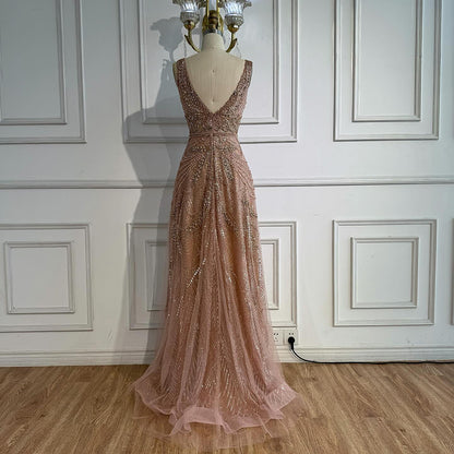 On Sale  no return no refund Rose Gold A-Line V-Neck Luxury Sexy Evening Dresses 2025 Pearls Crystal Long Sleeves Fromal Gown Serene Hill LA70287