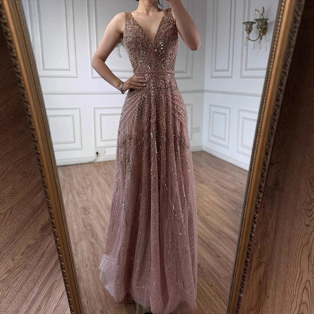 On Sale  no return no refund Rose Gold A-Line V-Neck Luxury Sexy Evening Dresses 2025 Pearls Crystal Long Sleeves Fromal Gown Serene Hill LA70287