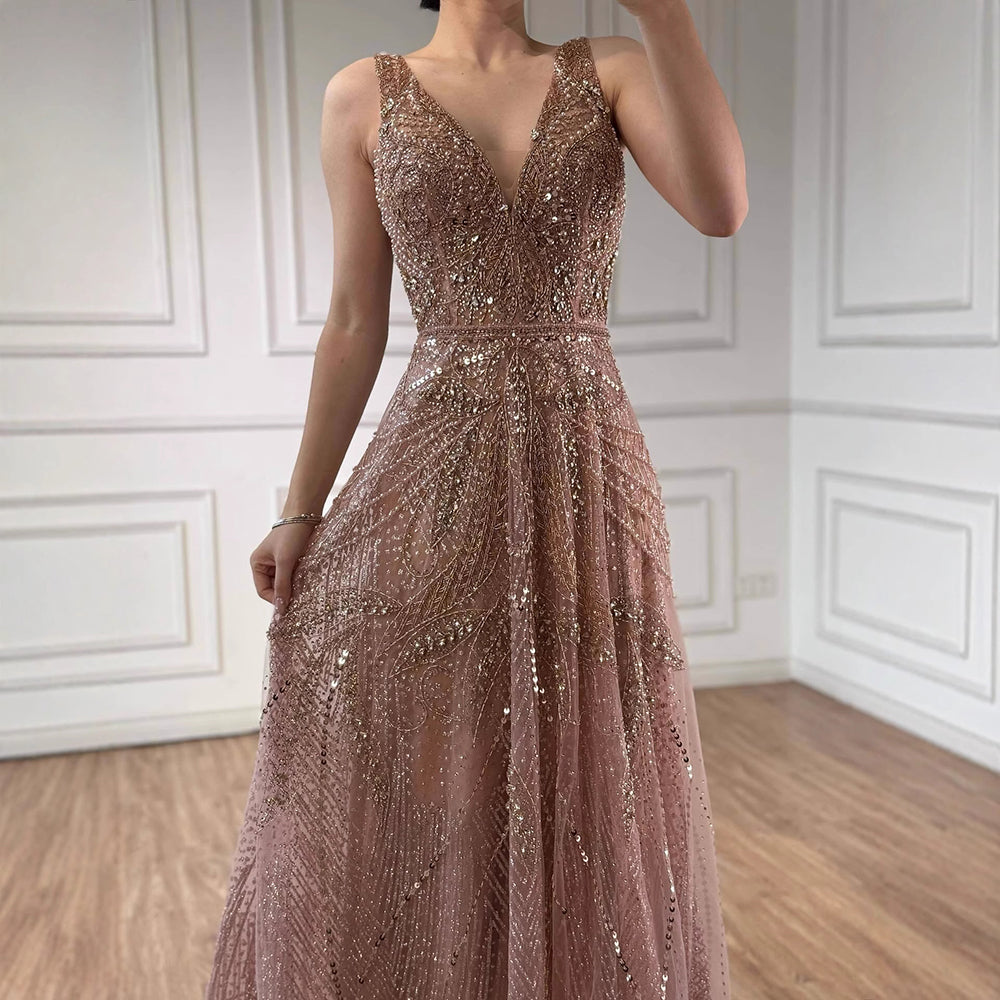 On Sale  no return no refund Rose Gold A-Line V-Neck Luxury Sexy Evening Dresses 2025 Pearls Crystal Long Sleeves Fromal Gown Serene Hill LA70287
