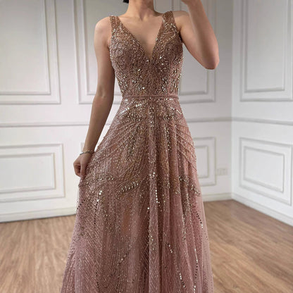 On Sale  no return no refund Rose Gold A-Line V-Neck Luxury Sexy Evening Dresses 2025 Pearls Crystal Long Sleeves Fromal Gown Serene Hill LA70287