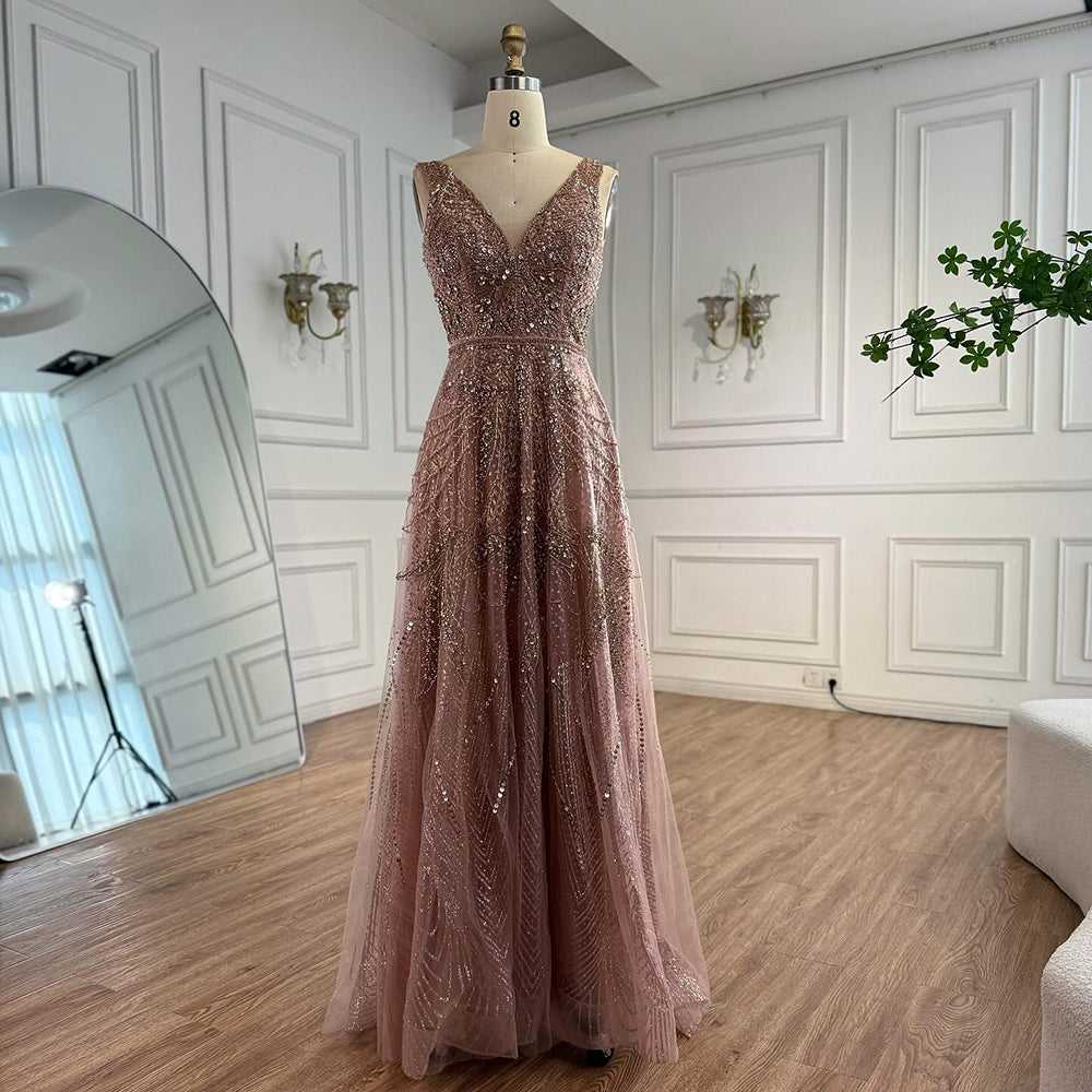 On Sale  no return no refund Rose Gold A-Line V-Neck Luxury Sexy Evening Dresses 2025 Pearls Crystal Long Sleeves Fromal Gown Serene Hill LA70287