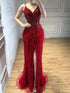 Luxury Classy blue Feathers Beaded Mermaid Prom Dress with Split LA70623 - SERENE  HILL