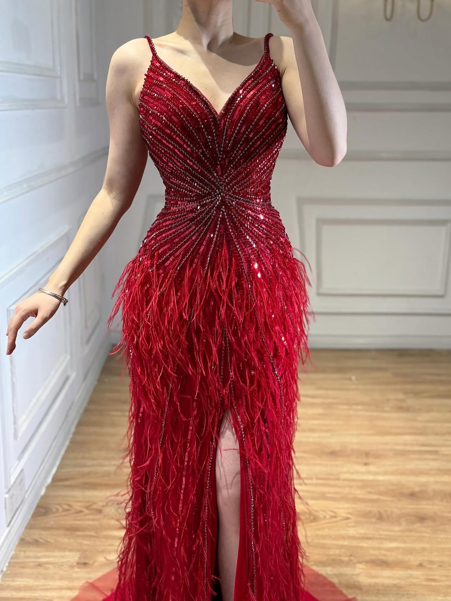 Luxury Classy blue Feathers Beaded Mermaid Prom Dress with Split LA70623 - SERENE  HILL