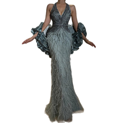 Luxury Beige Beaded Feather Mermaid Evening Dress with Slit LA70623B SERENE HILL