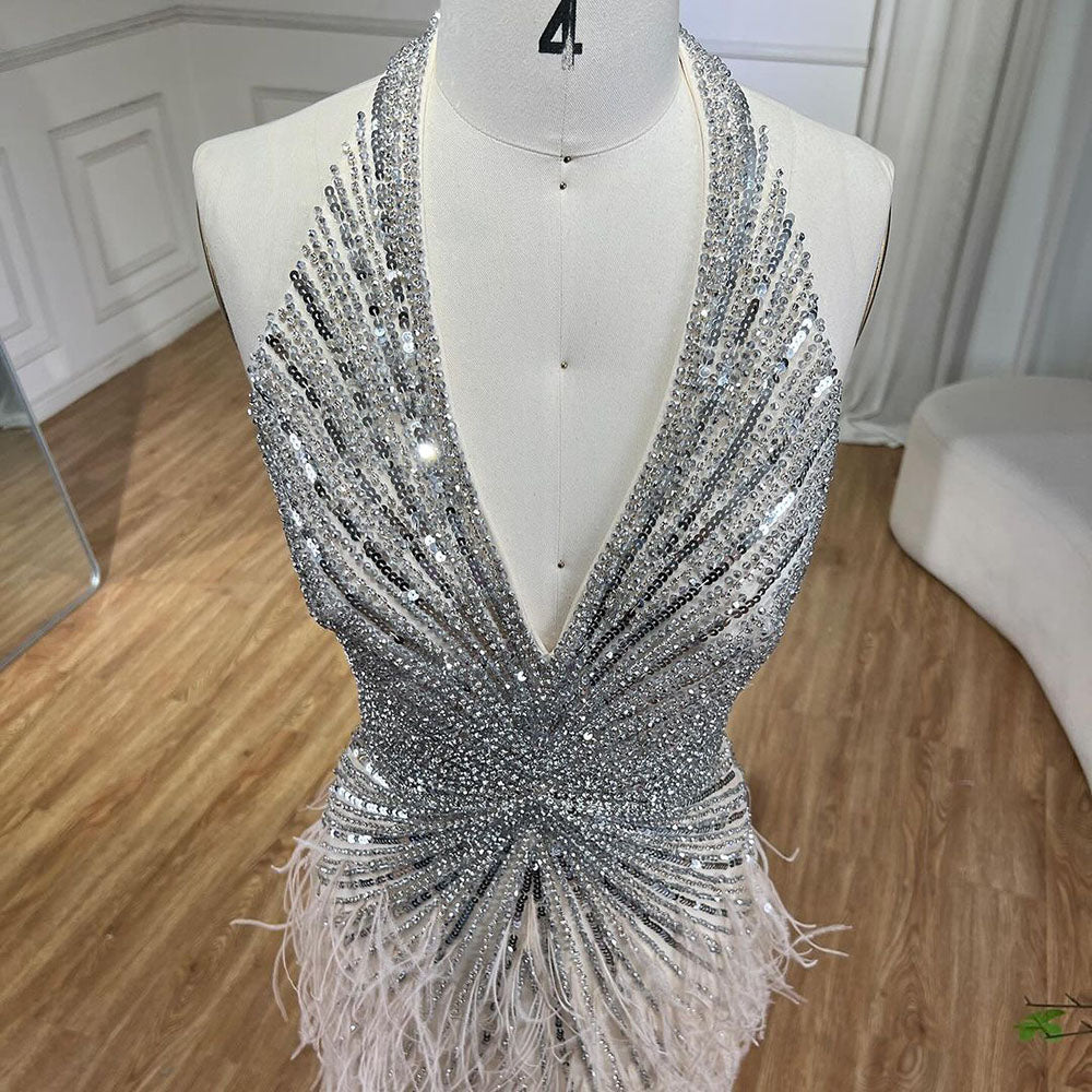 Luxury Beige Beaded Feather Mermaid Evening Dress with Slit LA70623B