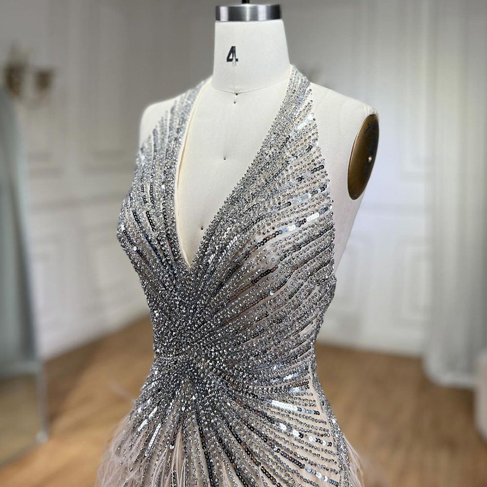 Luxury Beige Beaded Feather Mermaid Evening Dress with Slit LA70623B SERENE HILL
