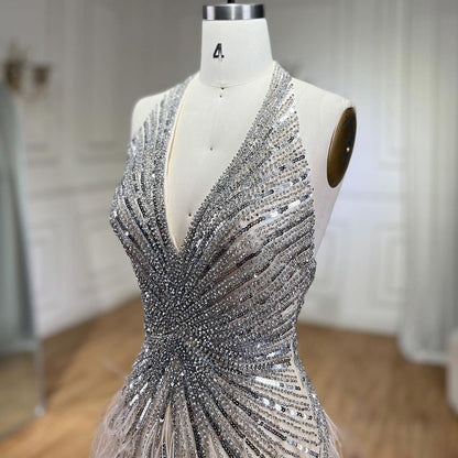 Luxury Beige Beaded Feather Mermaid Evening Dress with Slit LA70623B SERENE HILL