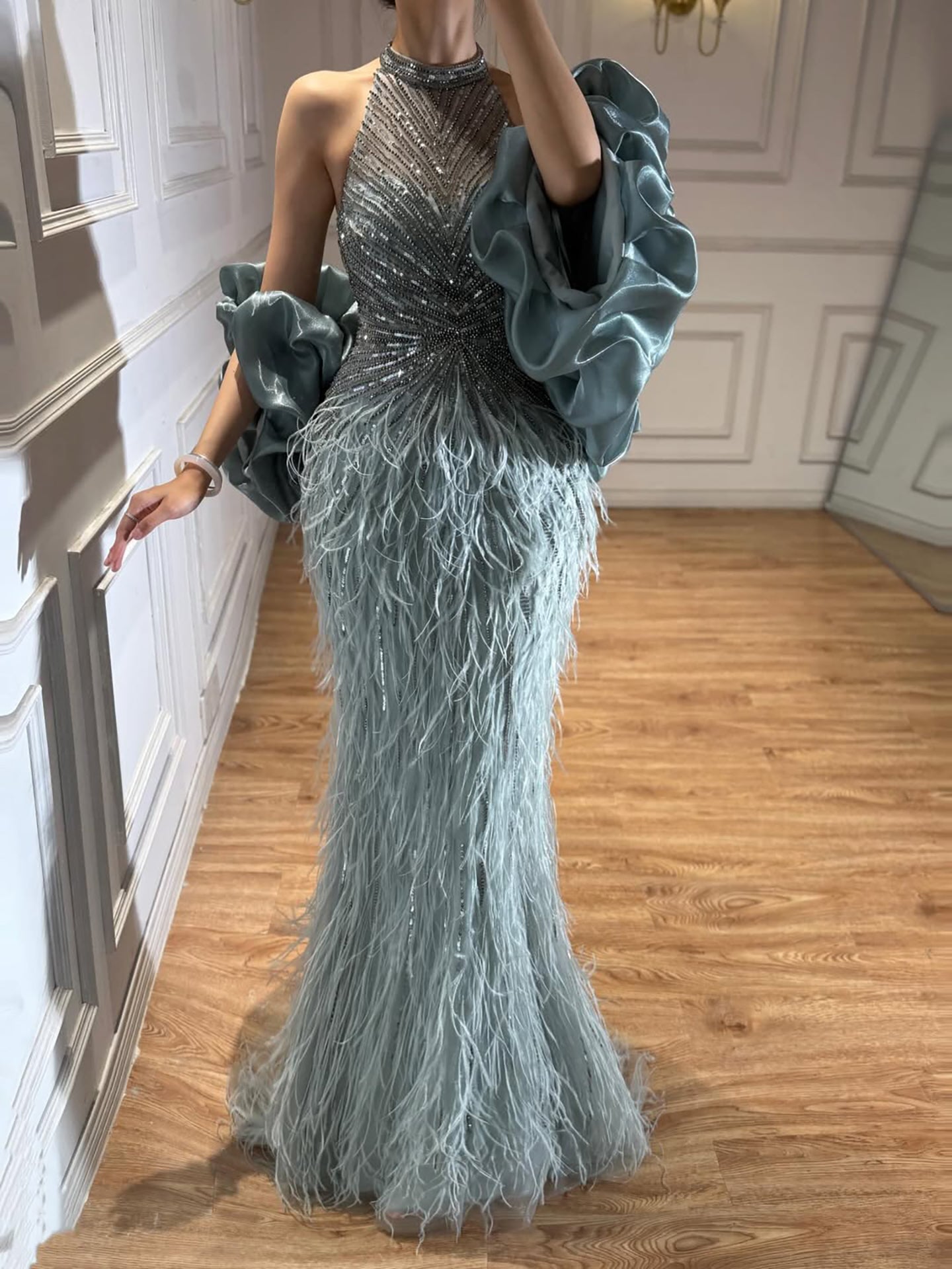 Luxury Turquoise Beaded Feather Halter Mermaid Dress LA70623C Turquoise / 14
