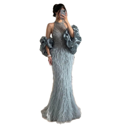 Luxury Turquoise Beaded Feather Halter Mermaid Dress LA70623C