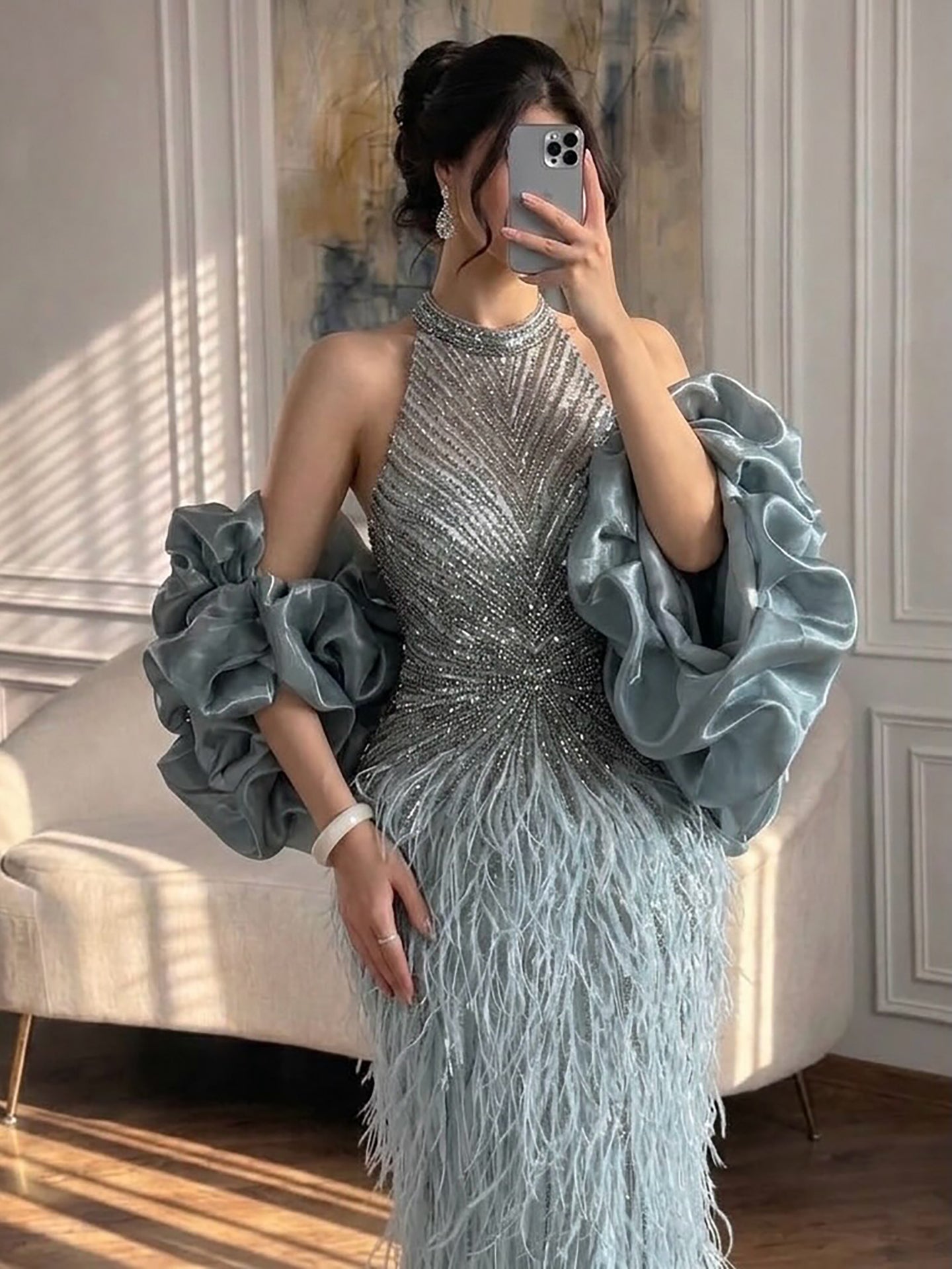 Luxury Turquoise Beaded Feather Halter Mermaid Dress LA70623C Turquoise / 14