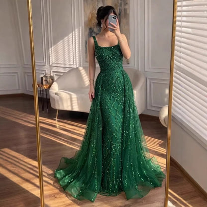 Luxury Beaded emermad green  Mermaid Evening Dress With Overskirt LA70765 - SERENE  HILL