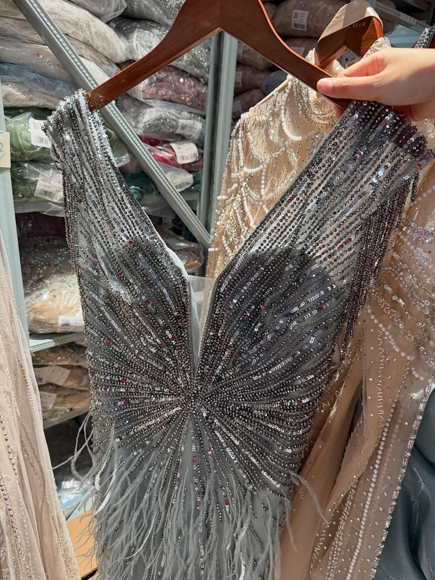 Luxury  Brown Mermaid Elegant Beaded Evening Dress Gown with Feathers LA70801