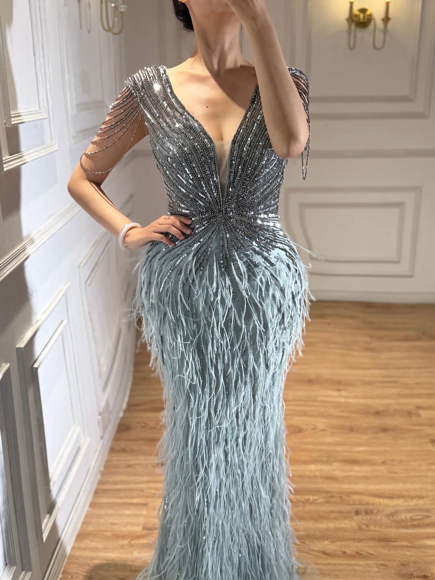 Luxury  Brown Mermaid Elegant Beaded Evening Dress Gown with Feathers LA70801