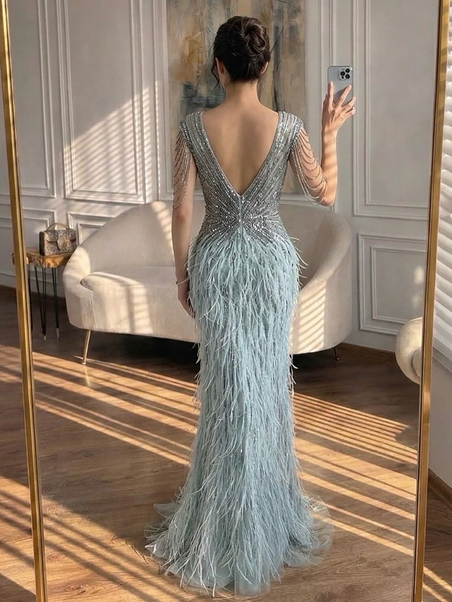 Luxury  Brown Mermaid Elegant Beaded Evening Dress Gown with Feathers LA70801