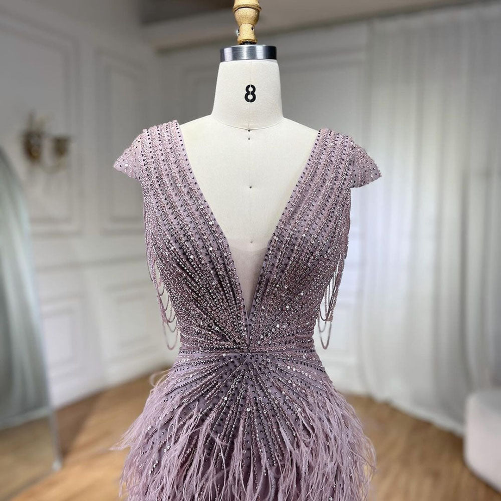 Luxury  Brown Mermaid Elegant Beaded Evening Dress Gown with Feathers LA70801
