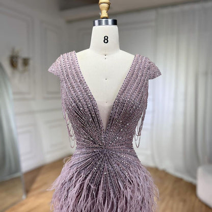Luxury  Brown Mermaid Elegant Beaded Evening Dress Gown with Feathers LA70801