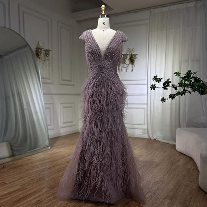 Luxury  Brown Mermaid Elegant Beaded Evening Dress Gown with Feathers LA70801