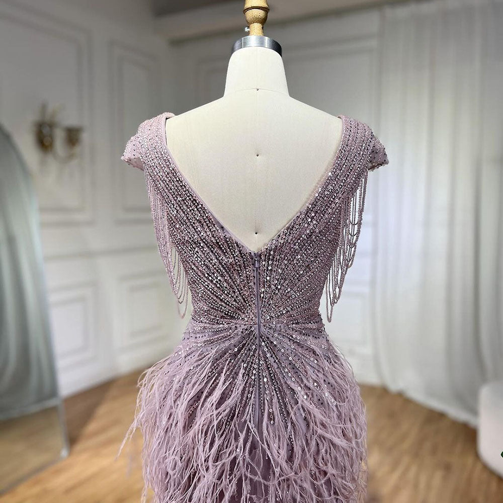 Luxury  Brown Mermaid Elegant Beaded Evening Dress Gown with Feathers LA70801