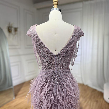 Luxury  Brown Mermaid Elegant Beaded Evening Dress Gown with Feathers LA70801