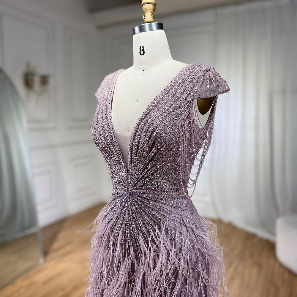 Luxury  Brown Mermaid Elegant Beaded Evening Dress Gown with Feathers LA70801