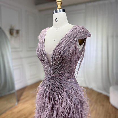 Luxury  Brown Mermaid Elegant Beaded Evening Dress Gown with Feathers LA70801