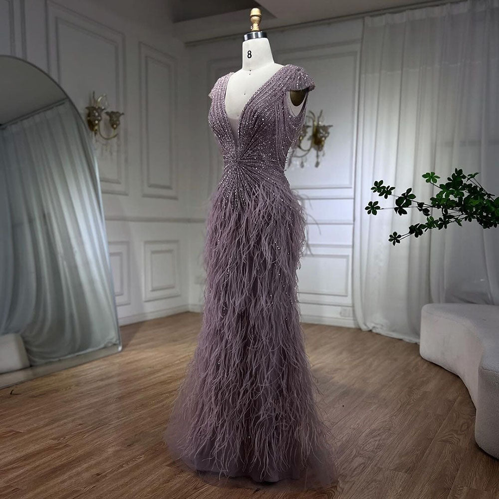 Luxury  Brown Mermaid Elegant Beaded Evening Dress Gown with Feathers LA70801