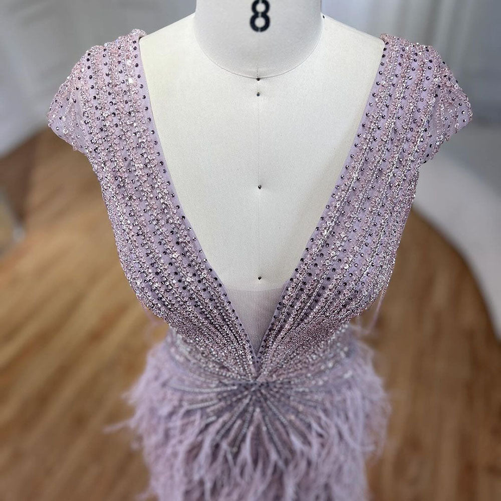 Luxury  Brown Mermaid Elegant Beaded Evening Dress Gown with Feathers LA70801