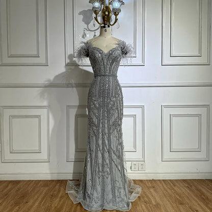 Luxury Lilac Beaded Mermaid Evening Dress Gown with Feathers LA70830