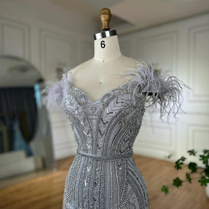 Luxury Lilac Beaded Mermaid Evening Dress Gown with Feathers LA70830