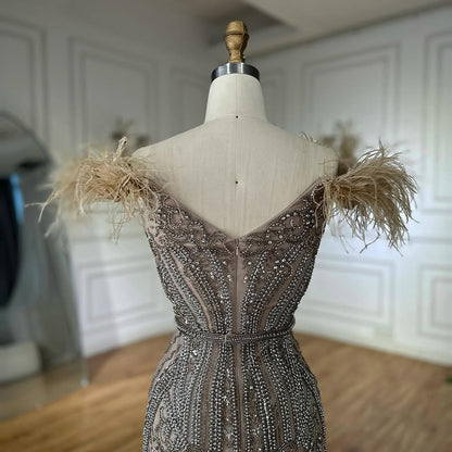 Luxury Lilac Beaded Mermaid Evening Dress Gown with Feathers LA70830