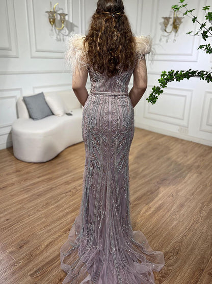 Luxury Lilac Beaded Mermaid Evening Dress Gown with Feathers LA70830