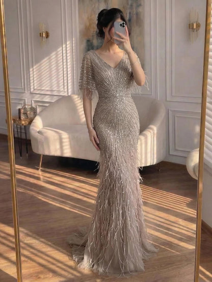 Dubai Feathers Brown Mermaid Evening Dresses  LA71323 - SERENE  HILL